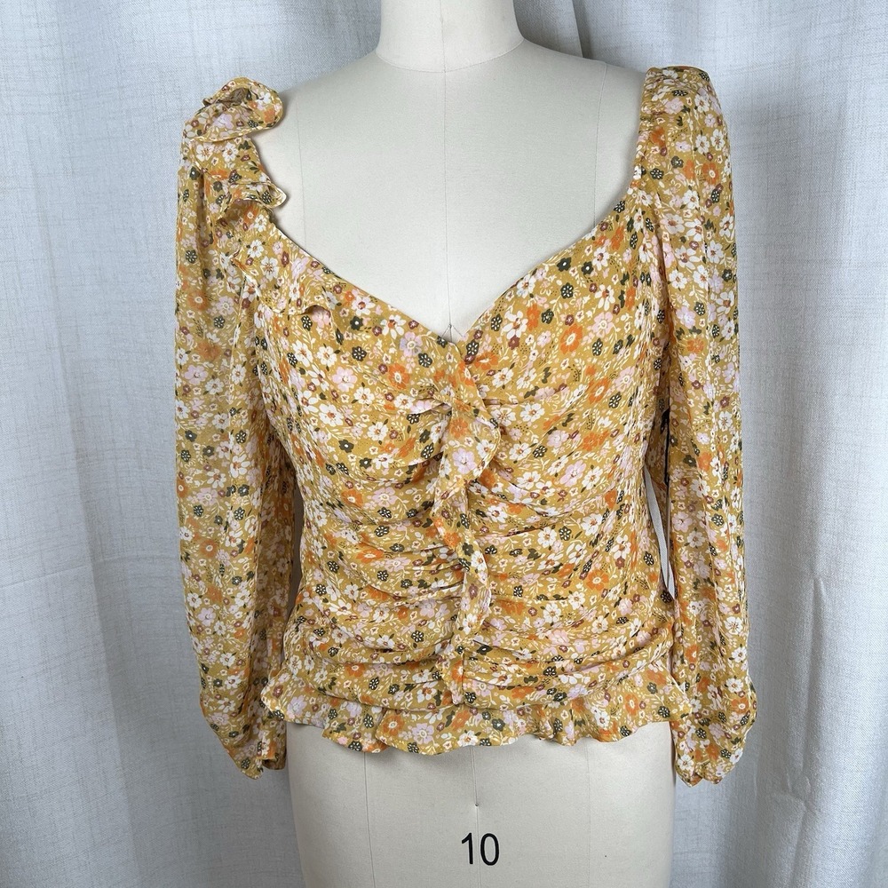 NEW ASTR The Label Floral Ruched Crop Top XL Mustard Orange Romantic Cottagecore